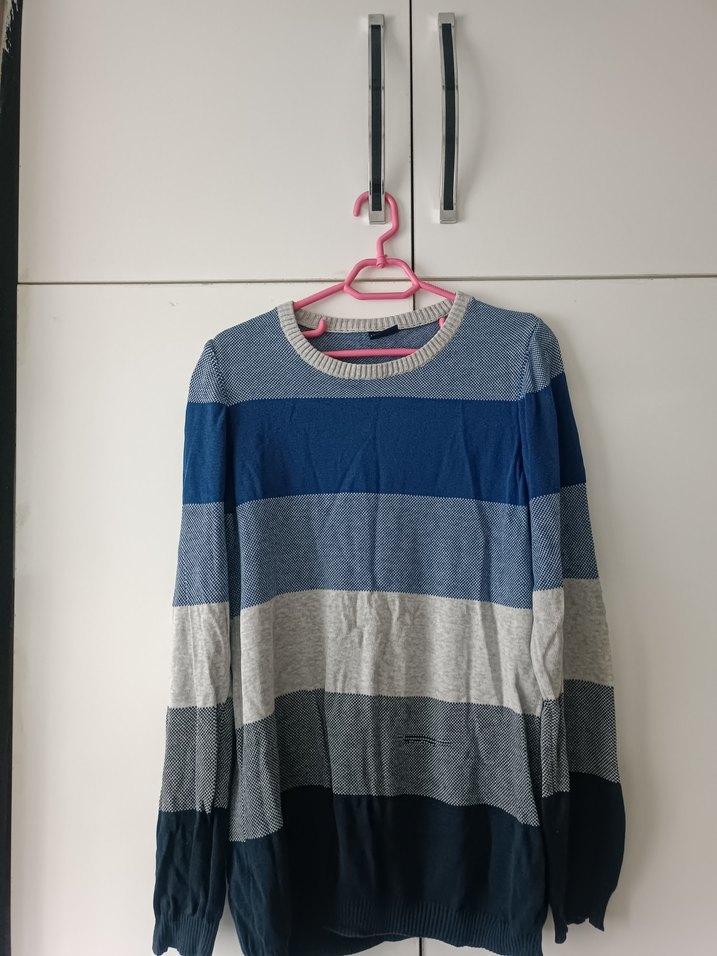 Çizgili Mavi Gri Triko Kazak - Görsel 2