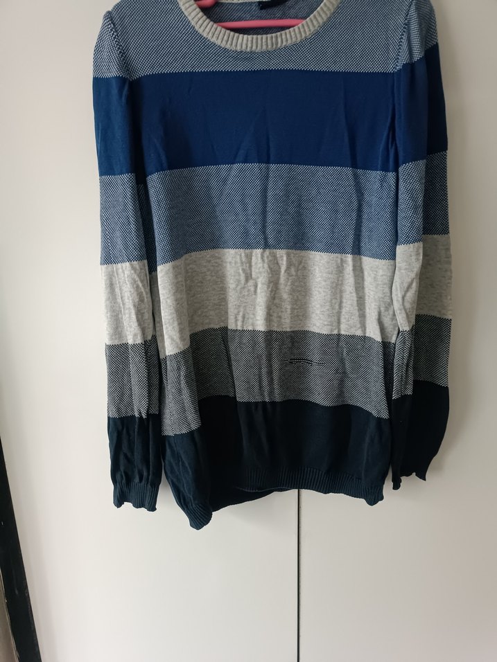 Çizgili Mavi Gri Triko Kazak - Görsel 3