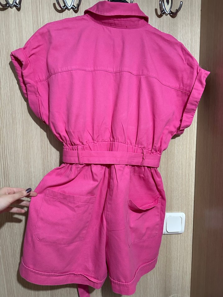 Düğmeli Pembe Kadın Kısa Tulum - Görsel 2