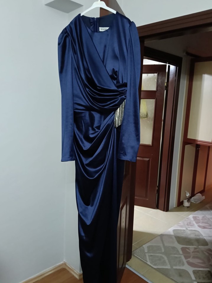 Lacivert Drapeli Uzun Kadın Abiye Elbise - Görsel 3