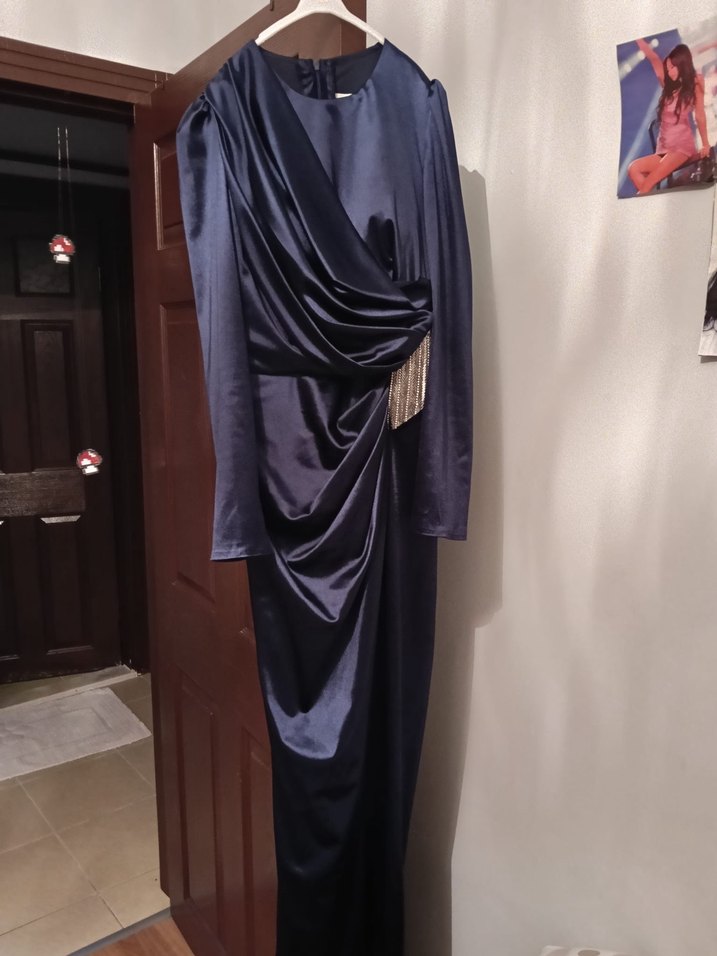 Lacivert Drapeli Uzun Kadın Abiye Elbise - Görsel 2