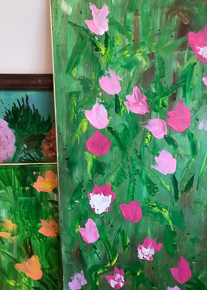 Muhteşem bir pembe lale tablo gold çerçeveli el yapımı boyama - Görsel 2