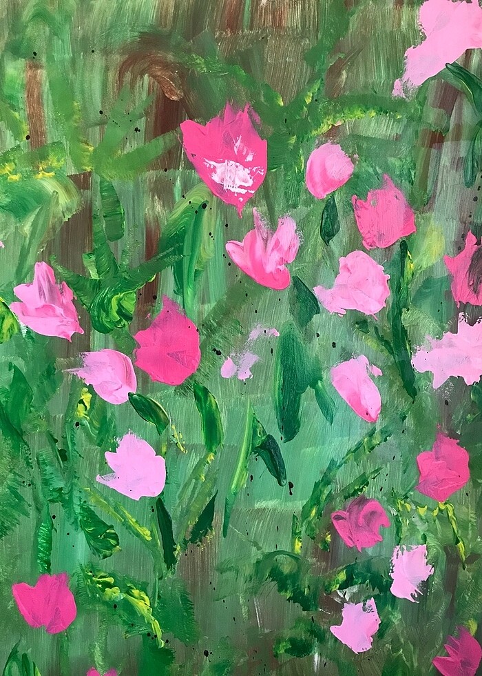 Muhteşem bir pembe lale tablo gold çerçeveli el yapımı boyama - Görsel 3