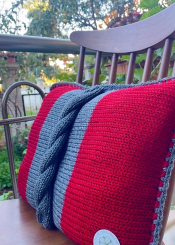 Kırmızı ve Gri Bohem Örgü Yastık - Görsel 8