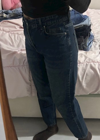 Lacivert Düğmeli Rahat Kesim Midi Kot Pantolon - Görsel 2