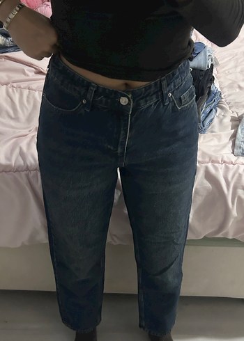 Lacivert Düğmeli Rahat Kesim Midi Kot Pantolon - Görsel 3