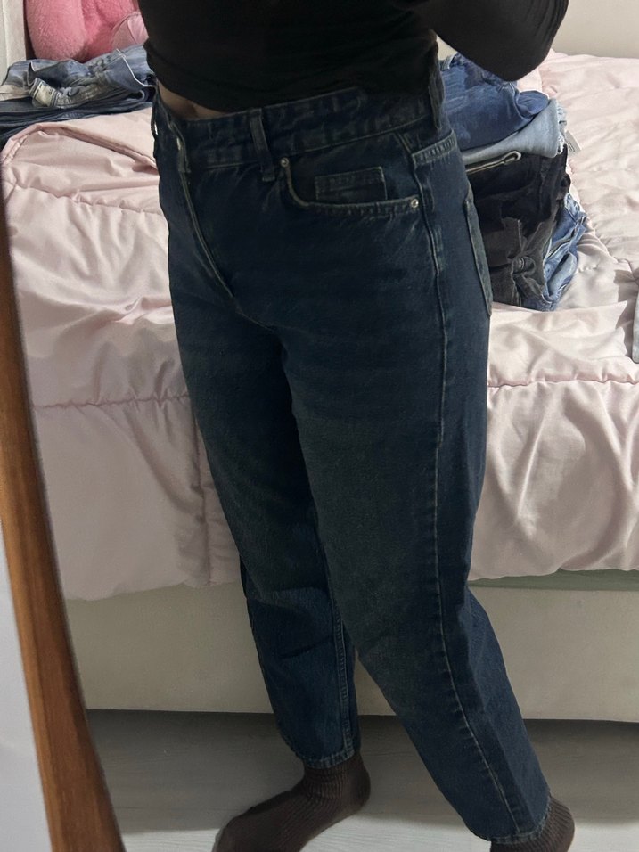 Lacivert Düğmeli Rahat Kesim Midi Kot Pantolon - Görsel 2