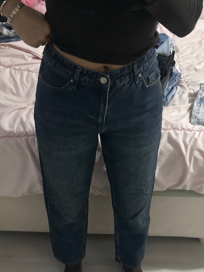 Lacivert Düğmeli Rahat Kesim Midi Kot Pantolon - Görsel 3