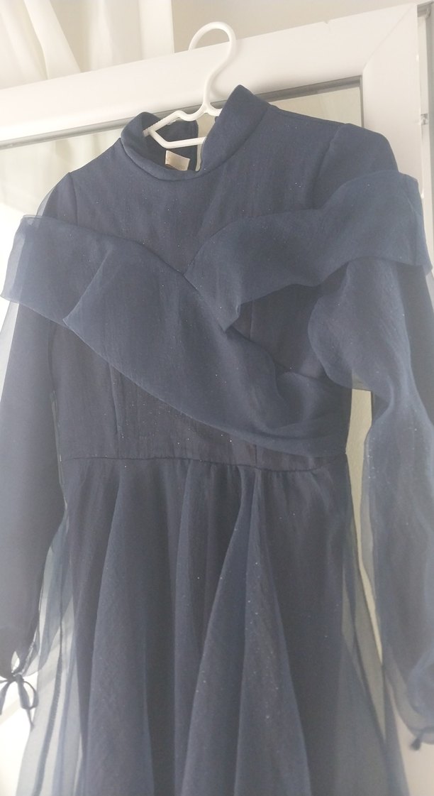 Uzun Kollu Lacivert Gotik Abiye Elbise - Görsel 3