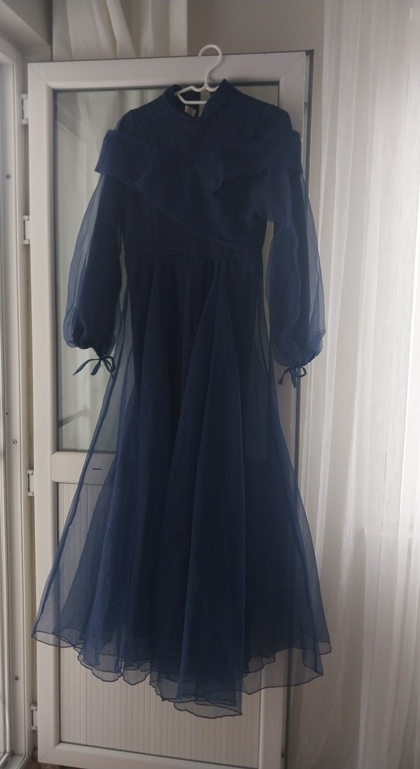 Uzun Kollu Lacivert Gotik Abiye Elbise - Görsel 2