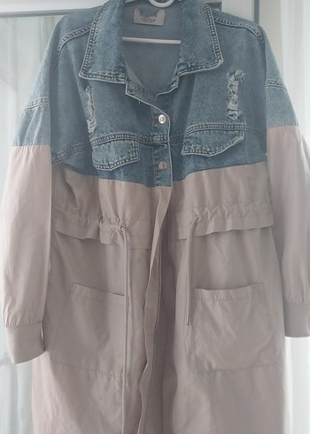 Düğmeli Uzun Bej ve Gri Denim Ceket - Görsel 4