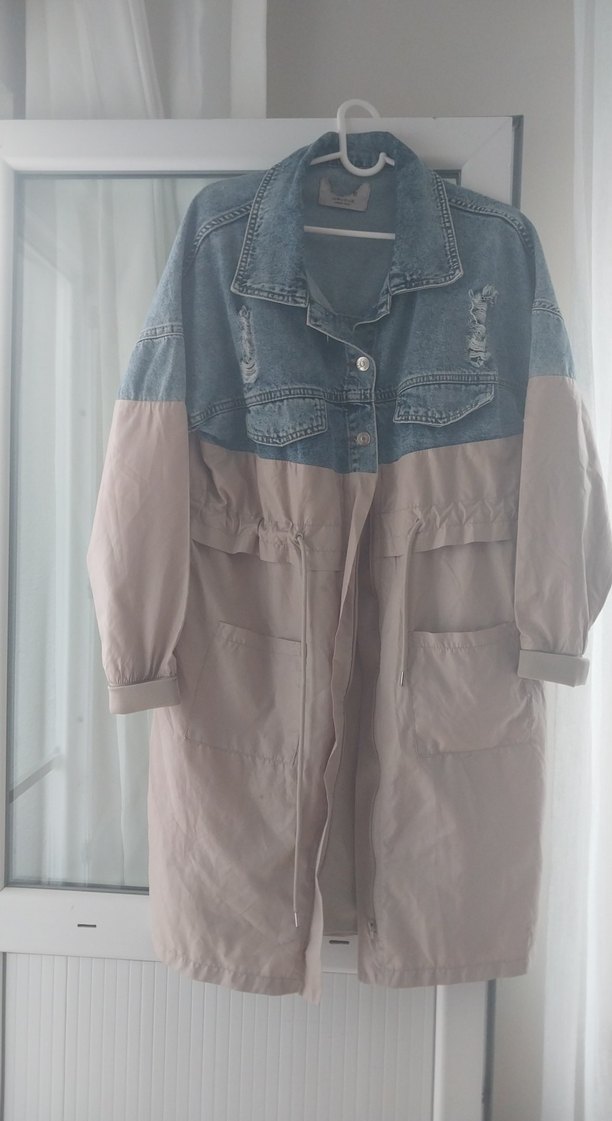 Düğmeli Uzun Bej ve Gri Denim Ceket - Görsel 3