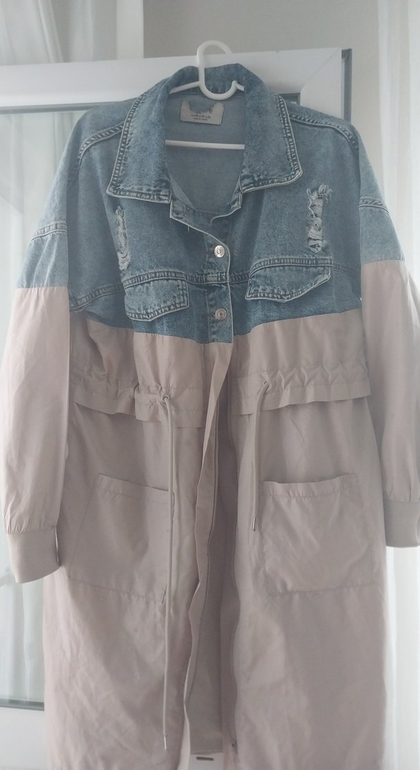 Düğmeli Uzun Bej ve Gri Denim Ceket - Görsel 4