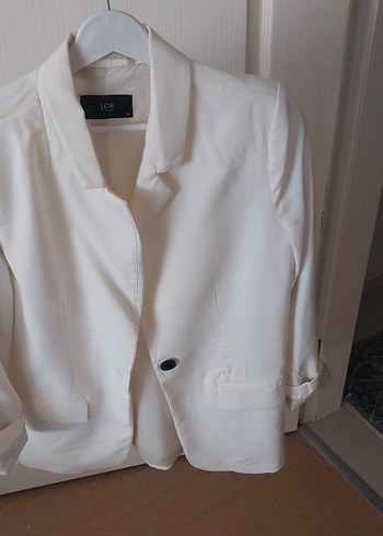 Kadın Beyaz Keten Düğmeli Blazer Ceket - Görsel 4