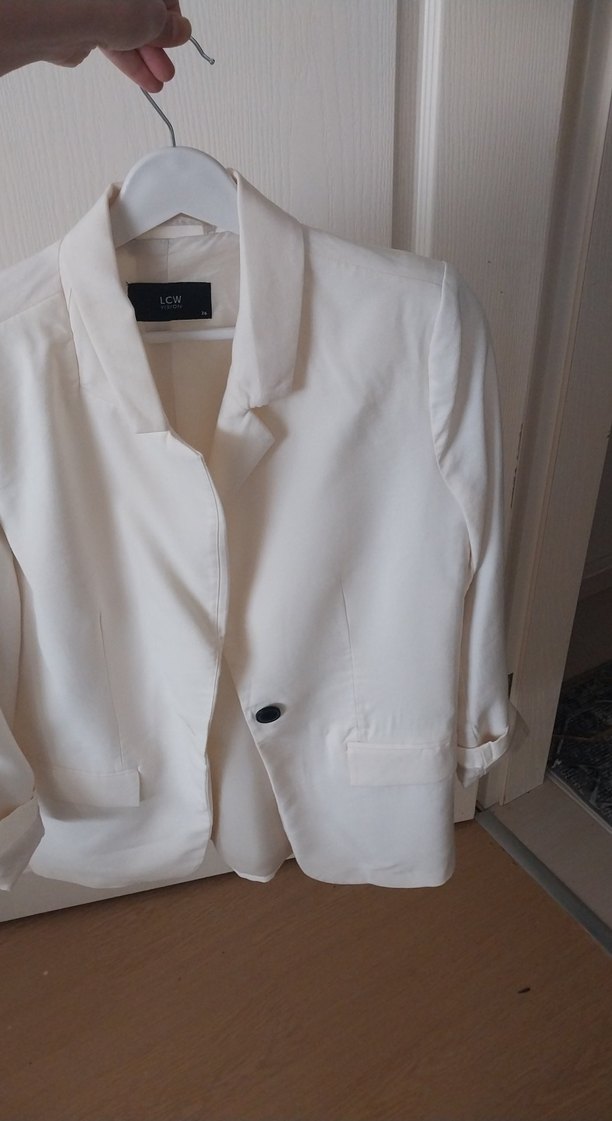 Kadın Beyaz Keten Düğmeli Blazer Ceket - Görsel 4