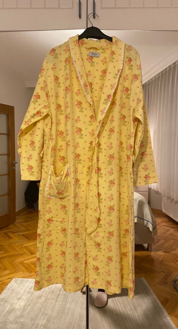 Sarı Vintage Çiçekli Uzun Kadın Sabahlık - Görsel 2