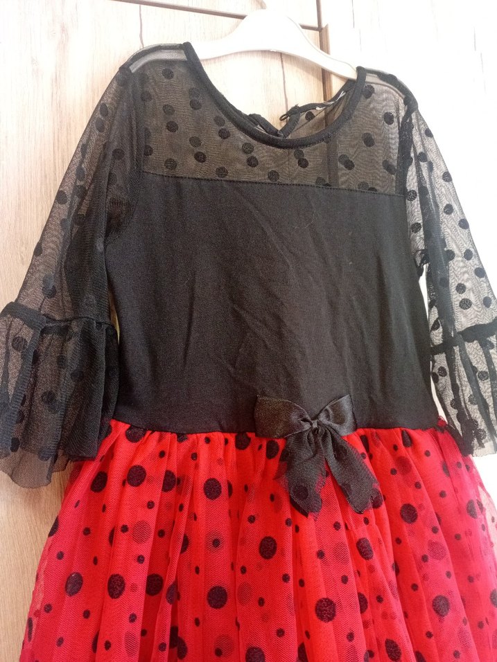 Kız Çocuk Puantiyeli Kırmızı Siyah Elbise - Görsel 3