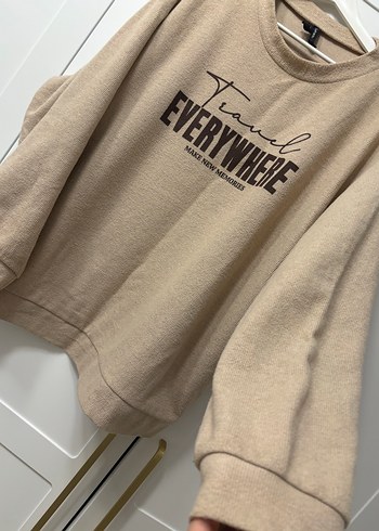 l Beden camel Renk Bej Pamuklu Baskılı Kadın Sweatshirt