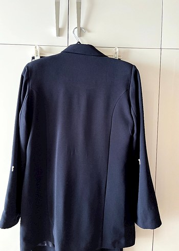 m Beden Düğmeli Lacivert Denim Kadın Blazer takım