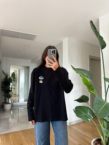 Qu Teddy Nakışlı Basic Bluz-Siyah