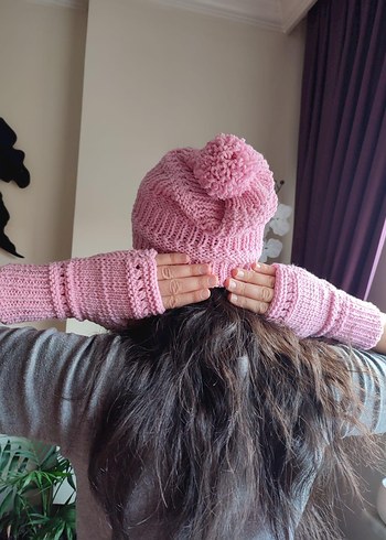 Pembe Bohem Örgü Parmaksız Eldiven - Görsel 2