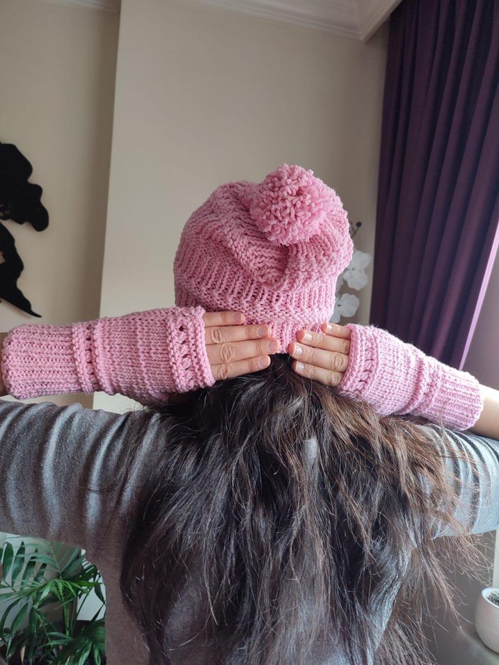 Pembe Bohem Örgü Parmaksız Eldiven - Görsel 2