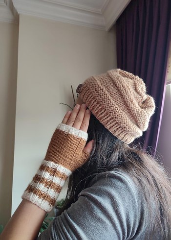 Bej Renkli Örgü Bohem Parmaksız Eldiven - Görsel 3