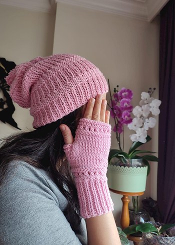 Pembe Örgü Parmaksız Eldiven - Görsel 2