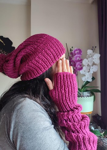 Renkli Pembe Örgü Kadın Bere ve Eldiven - Görsel 2