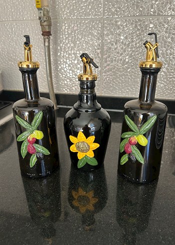 Siyah Zeytin Desenli Cam Yağlık Seti