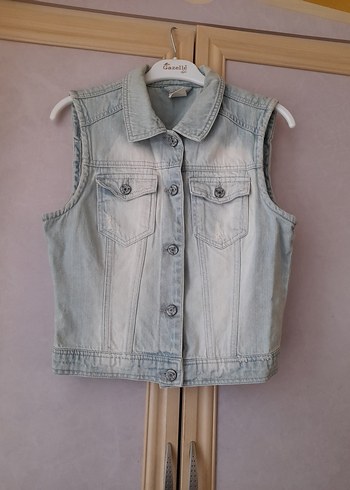 Düğmeli Gri Kolsuz Denim Ceket