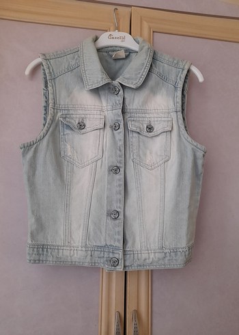 s Beden gri Renk Düğmeli Gri Kolsuz Denim Ceket
