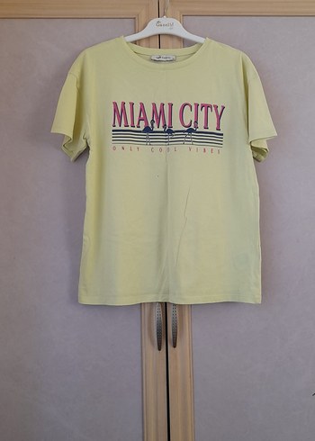 Sarı Pamuklu Loose Fit Miami City Tişört