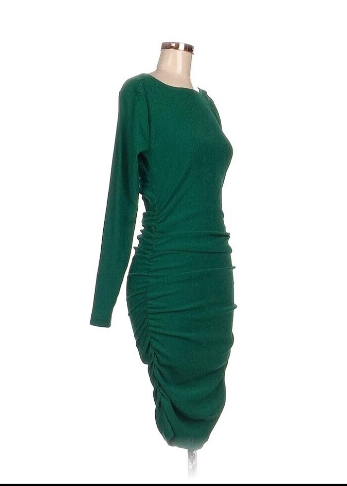 Koyu Yeşil Uzun Kollu Midi Triko Elbise - Görsel 3