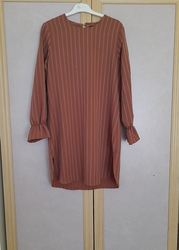 Bej Çizgili Pilili Midi Kadın Tunik - Görsel 2