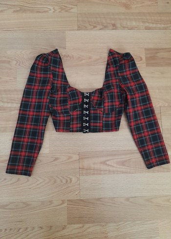 l Beden Kareli Kırmızı Uzun Kollu Crop Bluz