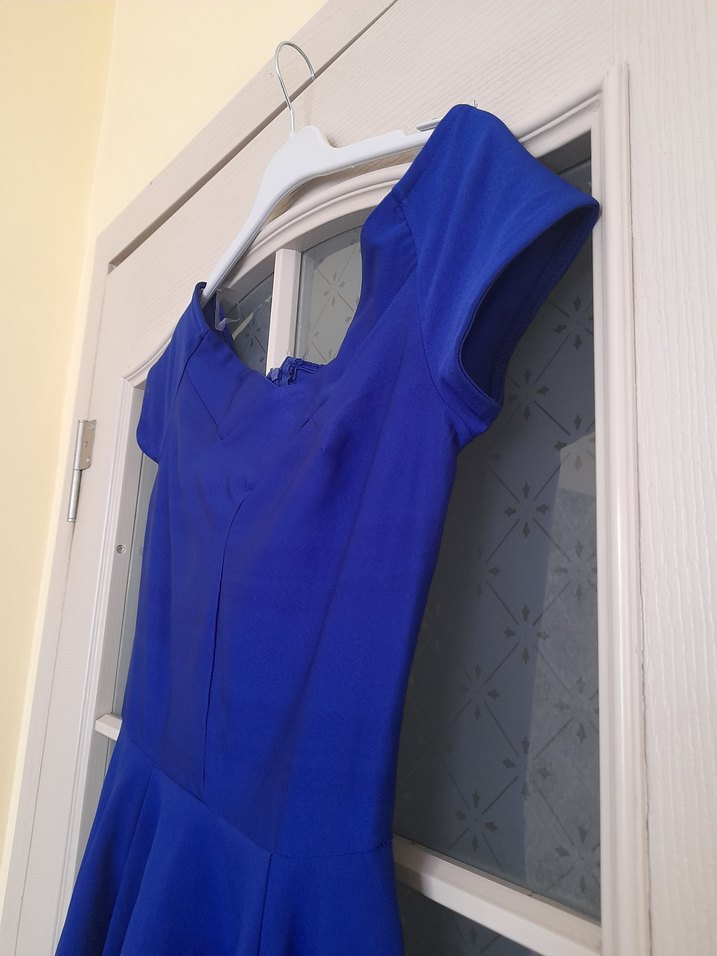 Mavi V Yakalı Midi Elbise - Görsel 4