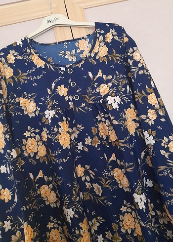 Lacivert Çiçek Desenli Uzun Bohem Tunik - Görsel 2