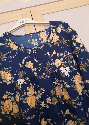 Lacivert Çiçek Desenli Uzun Bohem Tunik - Görsel 4