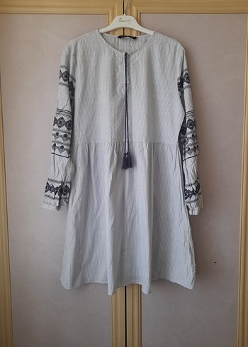 l Beden gri Renk Püsküllü Nakışlı Gri Bohem Uzun Tunik