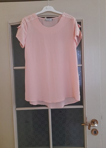 Flexi Dantel Detaylı Pembe Kısa Kollu Bluz