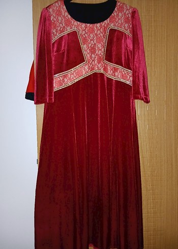 Bordo Nakışlı Uzun kadife Abiye Elbise - Görsel 5