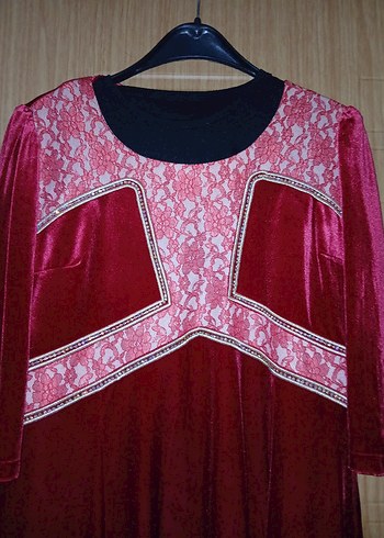 Bordo Nakışlı Uzun kadife Abiye Elbise - Görsel 4