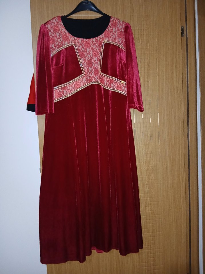 Bordo Nakışlı Uzun kadife Abiye Elbise - Görsel 3