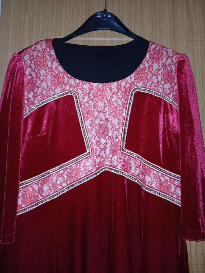 Bordo Nakışlı Uzun kadife Abiye Elbise - Görsel 4