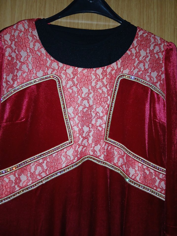 Bordo Nakışlı Uzun kadife Abiye Elbise - Görsel 2