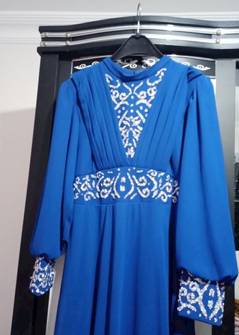 Saks mavi İşlemeli Abiye Elbise - Görsel 4