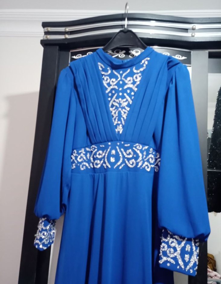 Saks mavi İşlemeli Abiye Elbise - Görsel 4