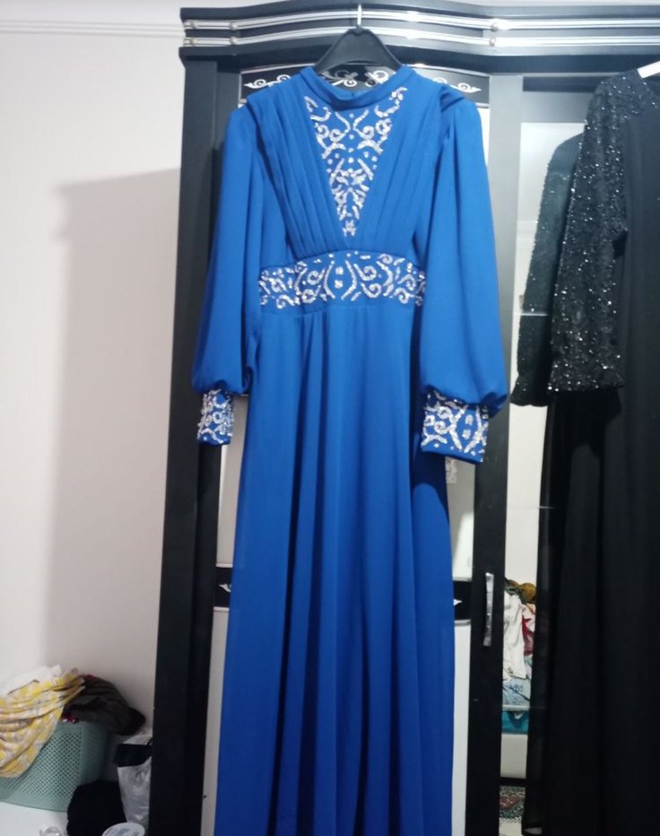 Saks mavi İşlemeli Abiye Elbise - Görsel 5