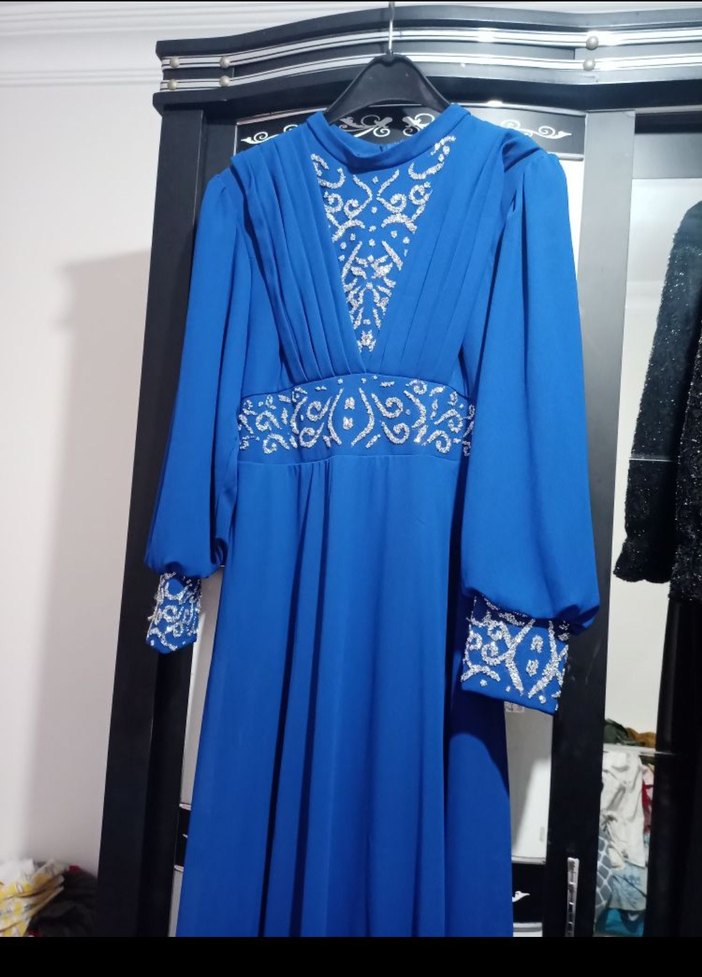 Saks mavi İşlemeli Abiye Elbise - Görsel 2